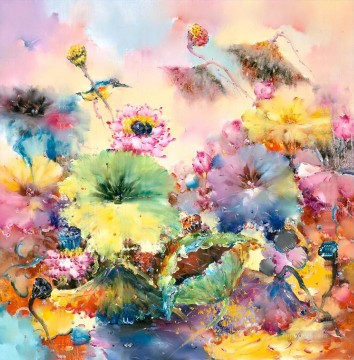 鳥と花 蓮の睡蓮の池 0 931 花飾り Oil Paintings